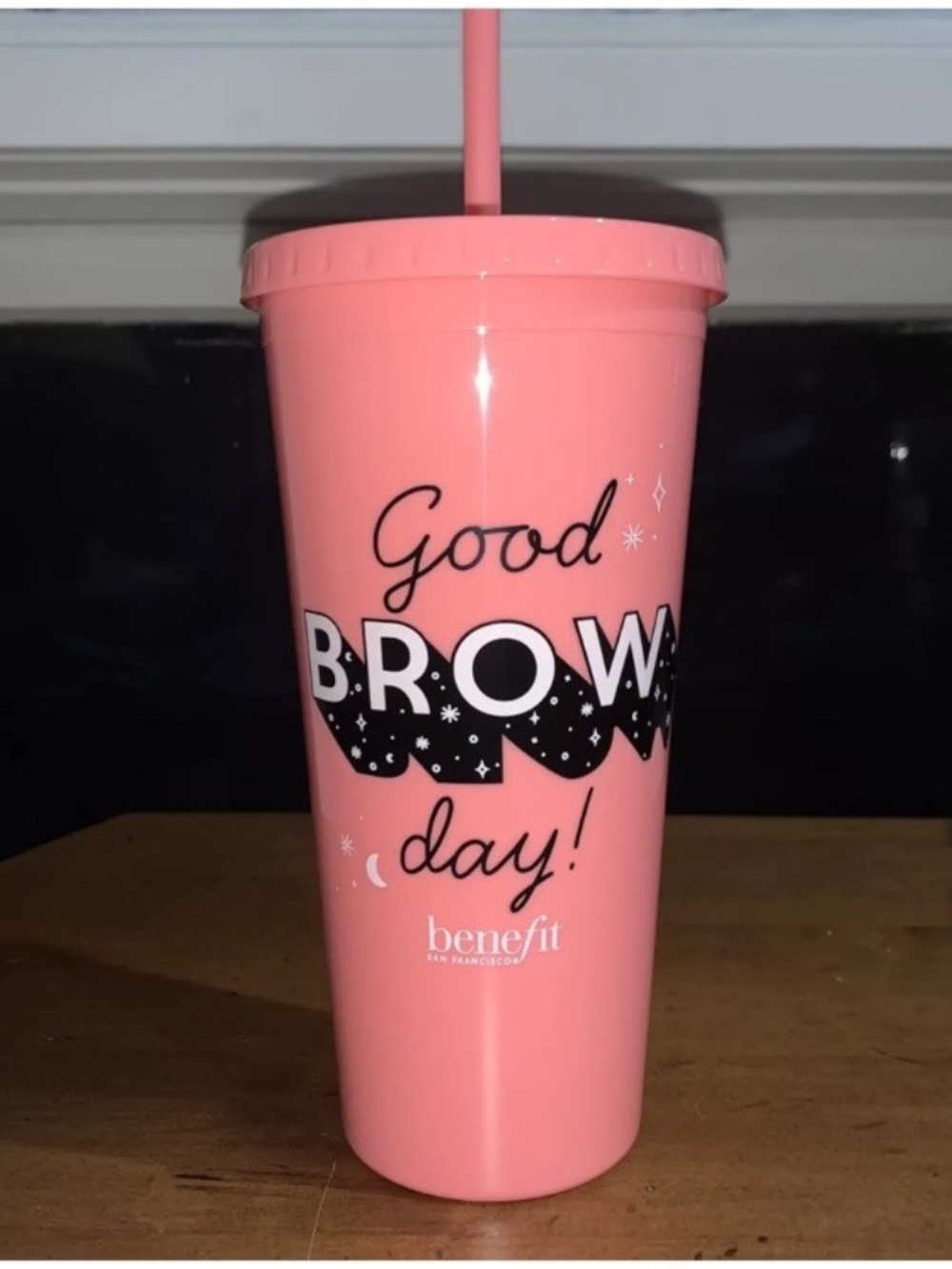 Benefit San Francisco Cosmetics Good Brow Day Tumbler Cup and Straw Pink Plastic